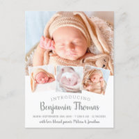 Elegant Baby Personalized 4 Photo Collage Birth Announcement Postcard