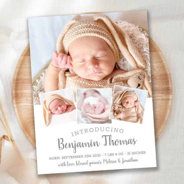 Elegant Baby Personalized 4 Photo Collage Birth Announcement Postcard (Creator Uploaded)