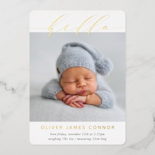 ELEGANT BABY PHOTO modern hello calligraphy tall Foil Invitation