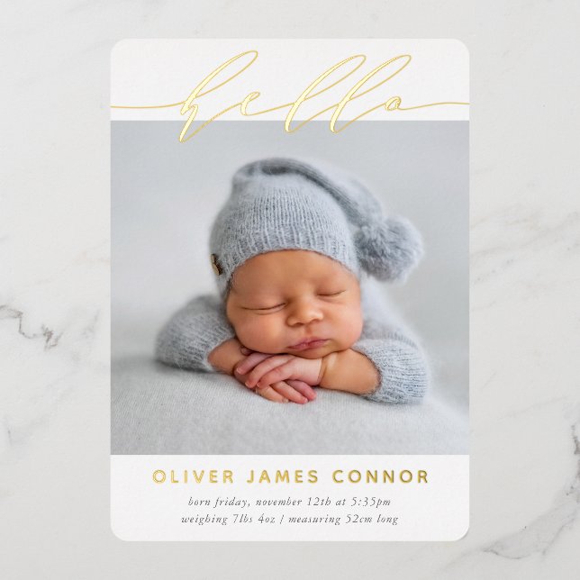 ELEGANT BABY PHOTO modern hello calligraphy tall Foil Invitation (Front)