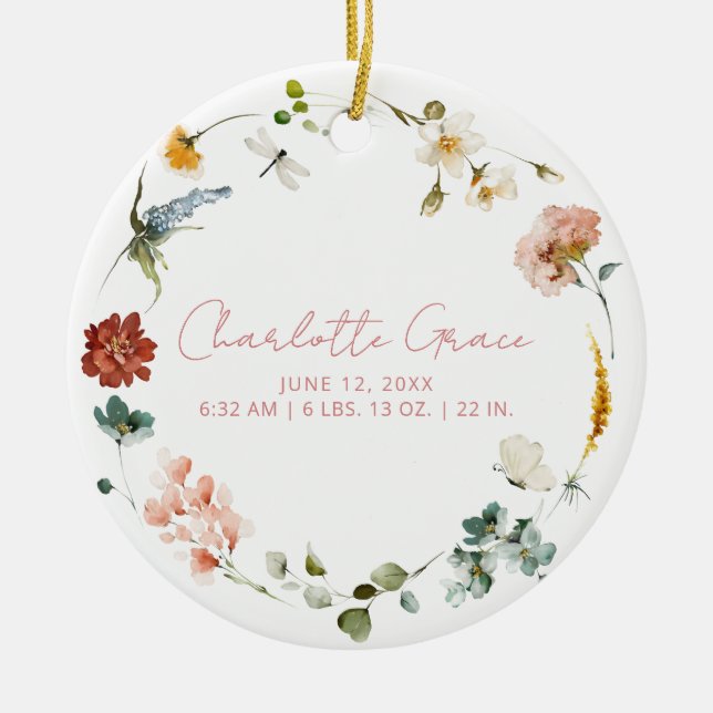 Elegant Baby Photo Pink Garden Flowers Birth Stats Ceramic Ornament (Front)