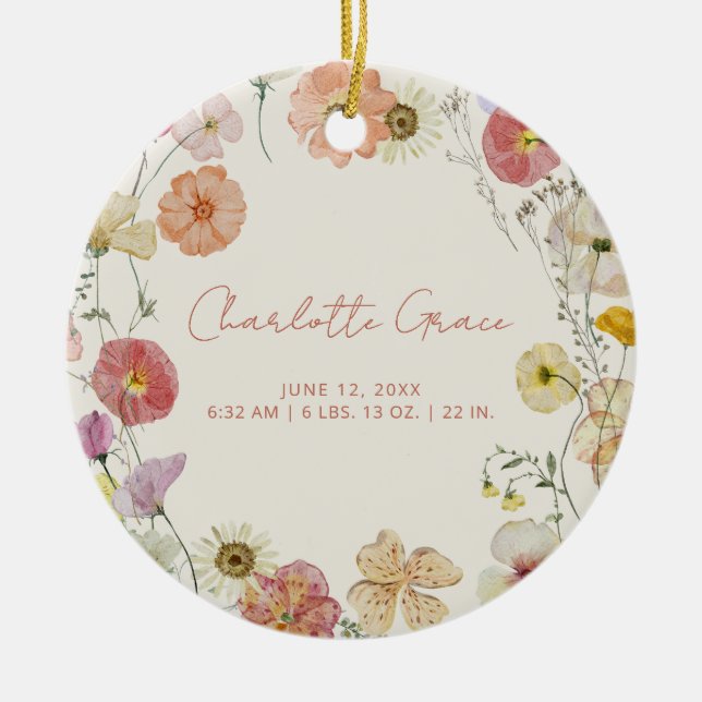 Elegant Baby Photo Pressed Flowers Birth Stats Ceramic Ornament (Front)