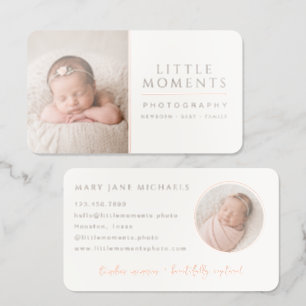Elegant Baby Photography Branding Soft Neutral Foil Business Cards