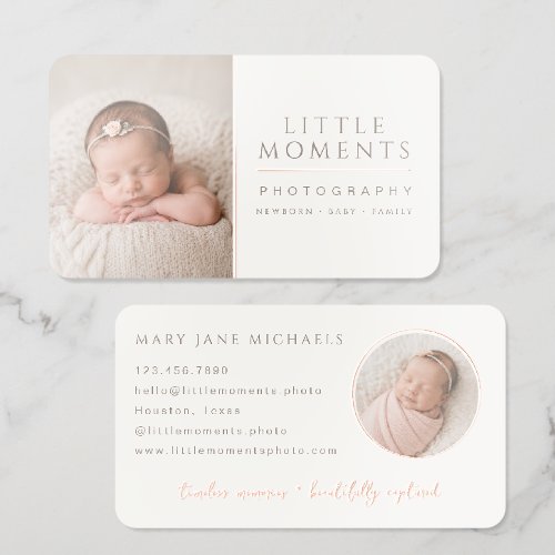 Elegant Baby Photography Branding Soft Neutral Foil Business Cards