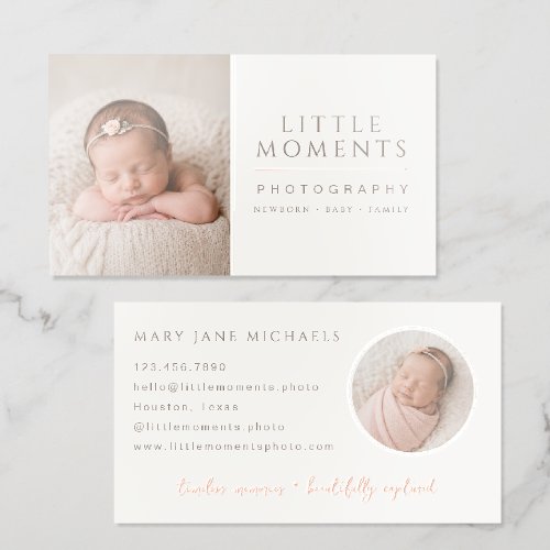 Elegant Baby Photography Branding Soft Neutral Foil Spot Gloss Business Cards
