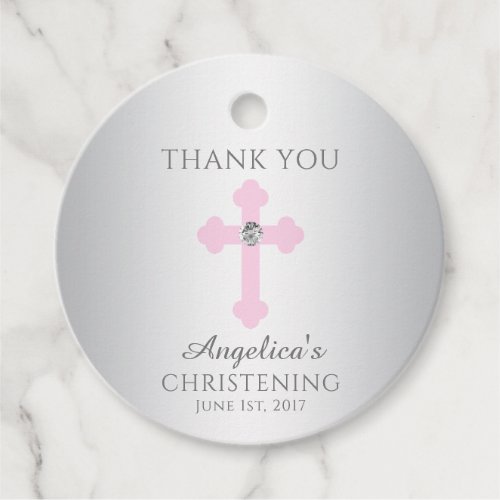 Elegant Baby Pink Cross BaptismChristening Girl Favor Tags