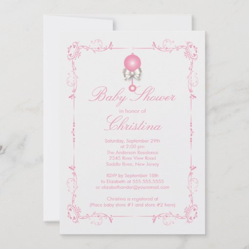 Elegant Baby Rattle Girl Baby Shower Invitation | Zazzle