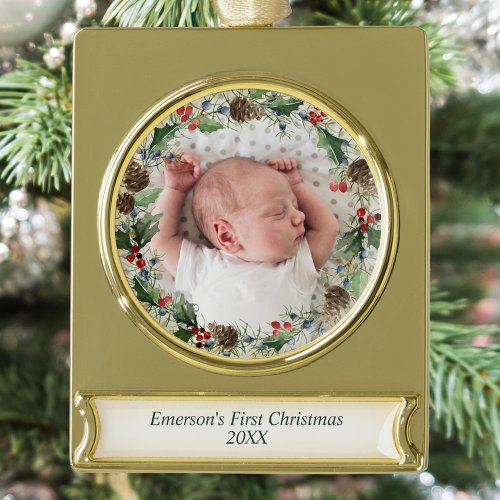 Elegant Babys First Christmas Photo Wreath Gold Plated Banner Ornament