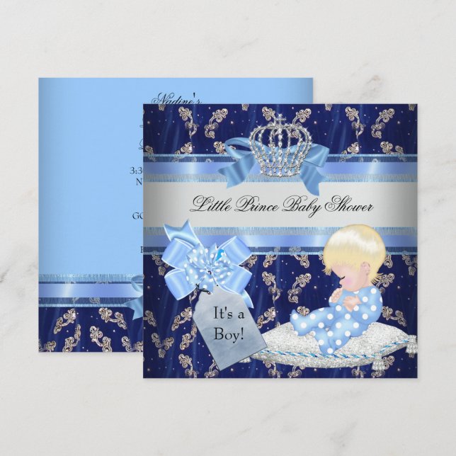 Elegant Baby Shower Blonde Boy Blue Little Prince Invitation (Front/Back)