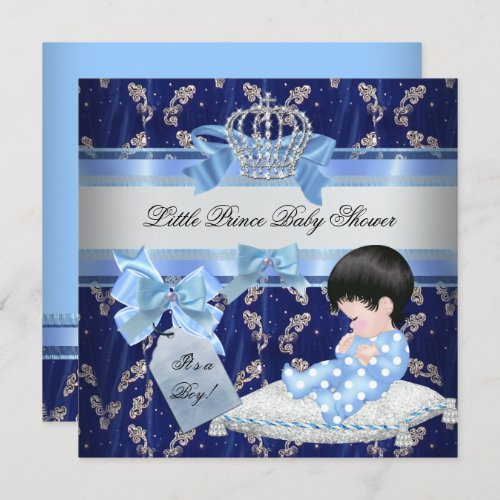 Elegant Baby Shower Boy Blue Little Prince Crown 2 Invitation