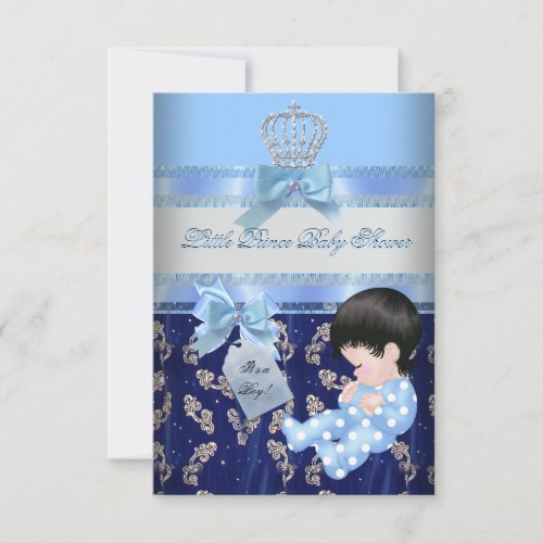 Elegant Baby Shower Boy Blue Little Prince Crown 2 Custom Announcements