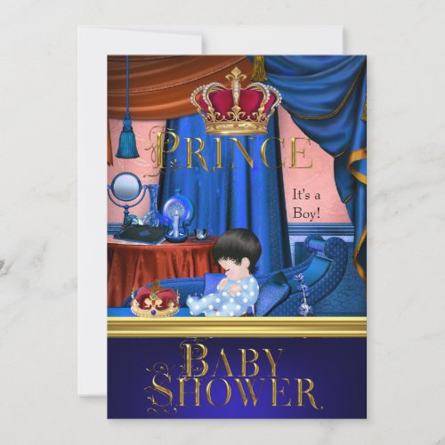 Elegant Baby Shower Boy Blue Little Prince Crown Personalized Invitation