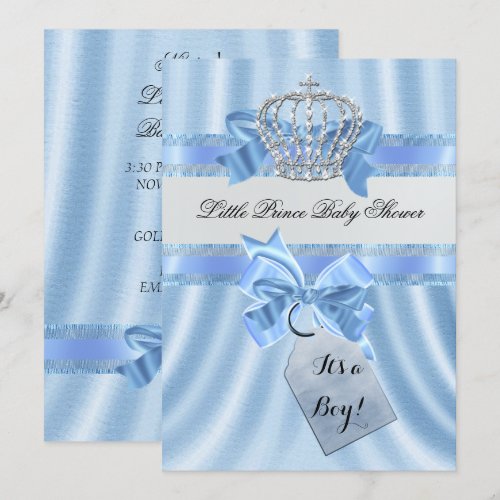 Elegant Baby Shower Boy Blue Little Prince Crown 5x7 Paper Invitation Card