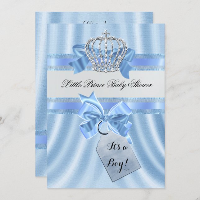 Elegant Baby Shower Boy Blue Little Prince Crown Invitation (Front/Back)