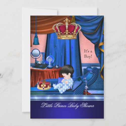 Elegant Baby Shower Boy Blue Little Prince Crown Invitation