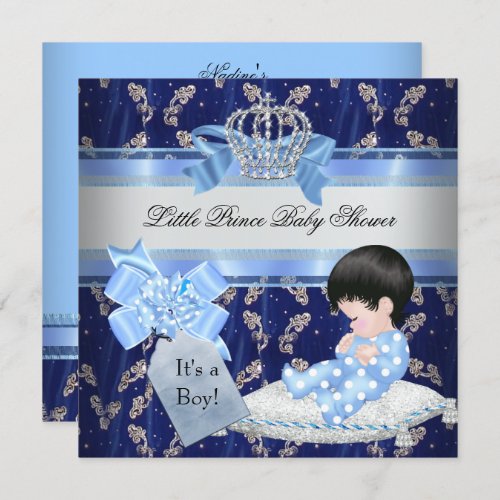 Elegant Baby Shower Boy Blue Little Prince Crown Invitation