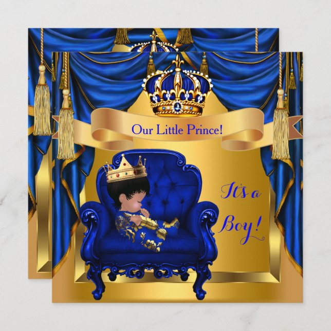 Elegant Baby Shower Boy Prince Royal Blue Gold Invitation (Front/Back)