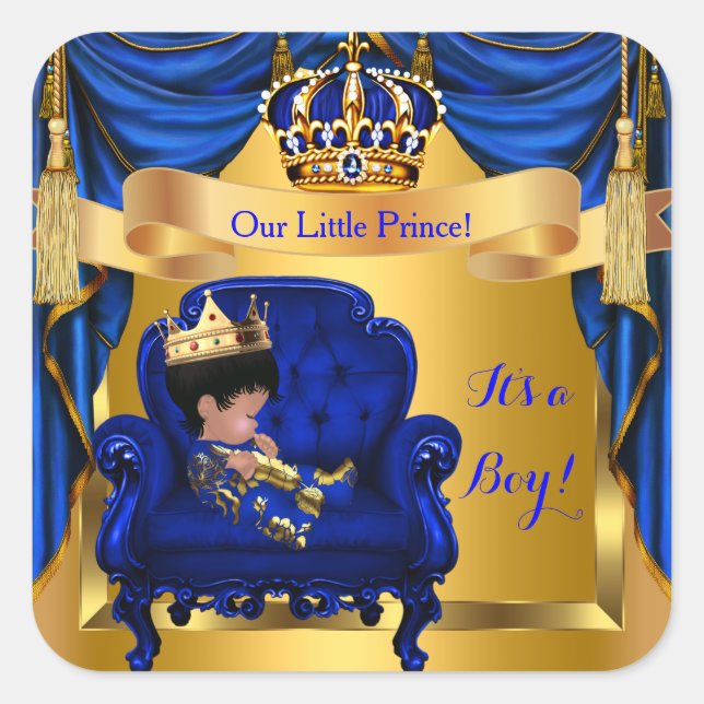 Elegant Baby Shower Boy Prince Royal Blue Gold Square Sticker (Front)