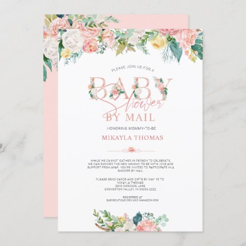 Elegant Baby Shower by Mail Rose Gold Pink Floral Invitation