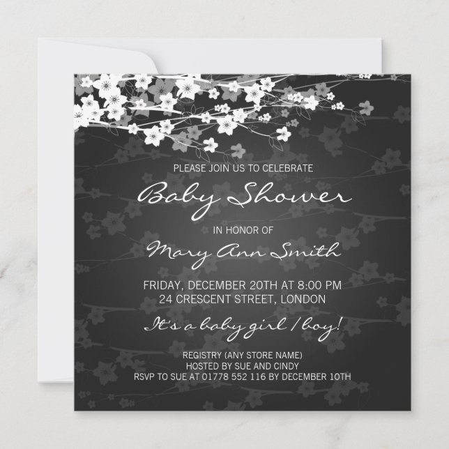 Elegant Baby Shower Cherry Blossom Black Invitation (Front)