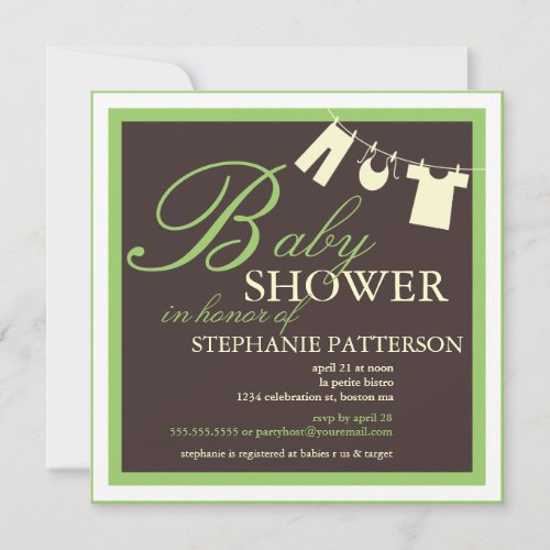 Elegant Baby Shower Clothes Line Green Invitation