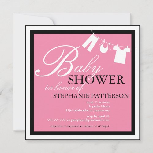 Elegant Baby Shower Clothes Line Pink Invitation