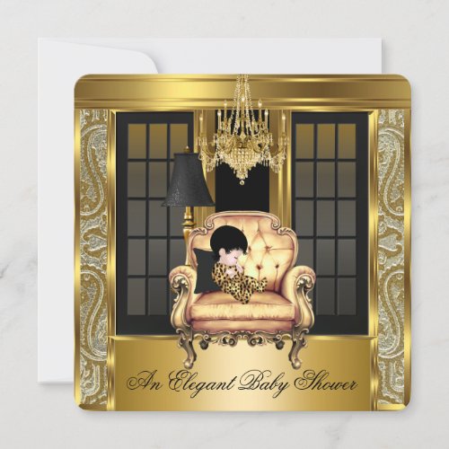 Elegant Baby Shower Damask Chandelier Gold Chair 2 Invitation