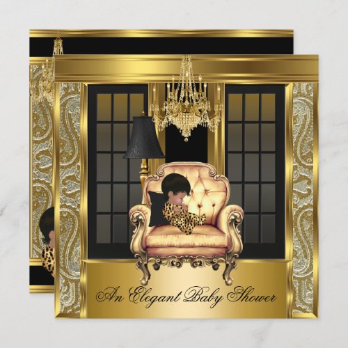Elegant Baby Shower Damask Chandelier Gold Chair 3 Invitation
