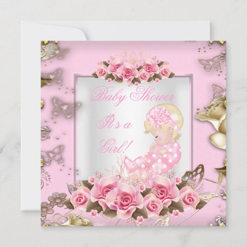 Elegant Baby Shower Girl Pink Roses Gold Blonde 2 Invitation