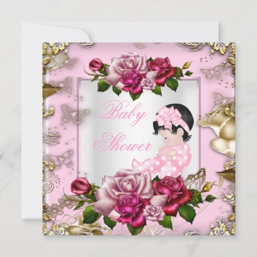Elegant Baby Shower Girl Pink Roses White Gold Custom Announcement