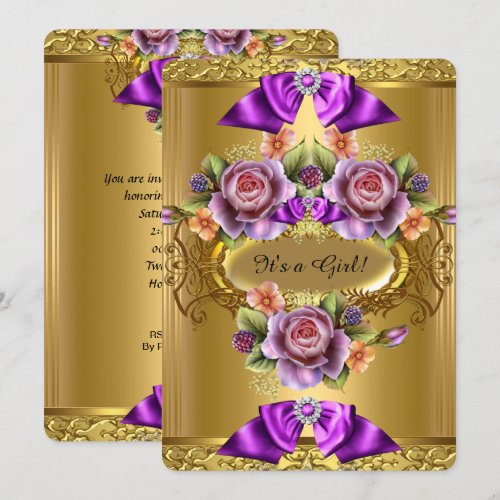 Elegant Baby Shower Girl Purple Pink Gold Roses 2 5x7 Paper Invitation Card