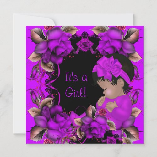 Elegant Baby Shower Girl Purple Pink Rose Flowers Invitation