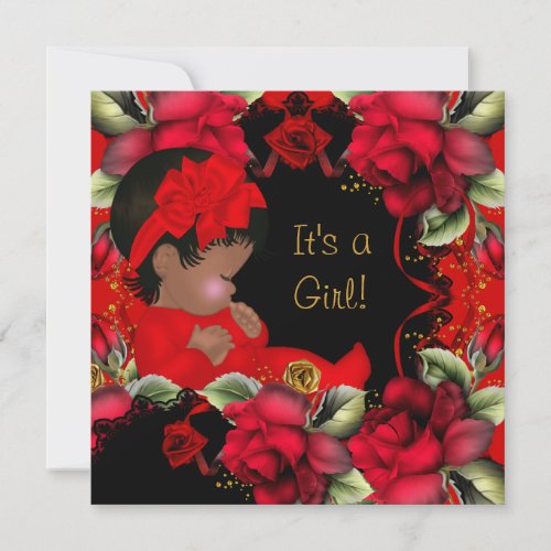 Elegant Baby Shower Girl Red Rose Flowers Announcement
