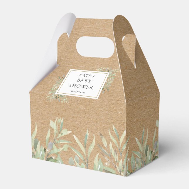 Elegant Baby Shower Greenery Leaves Rustic Kraft Favor Boxes (Front Side)