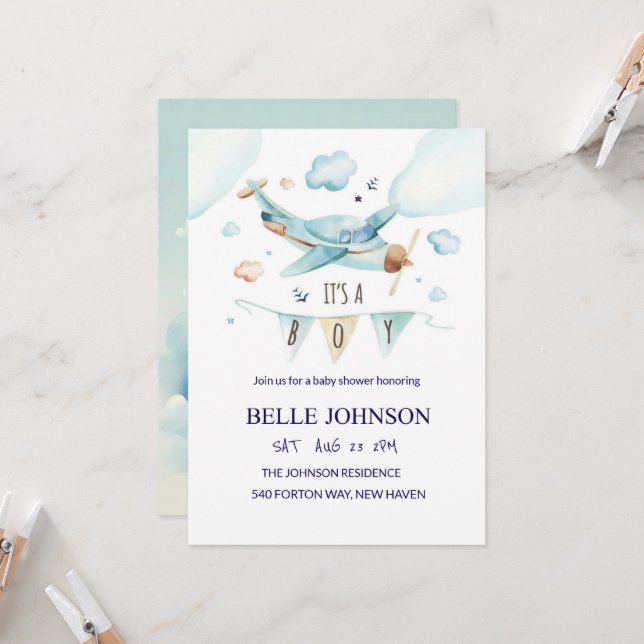 Elegant Baby Shower Invitation - Airplane Theme (Front/Back In Situ)