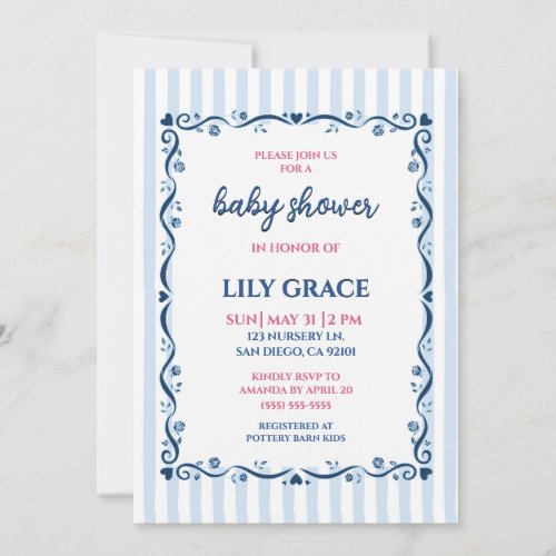 Elegant Baby Shower Invitation I Stripes & Navy