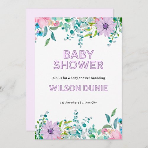 elegant baby shower invitation purple flowers