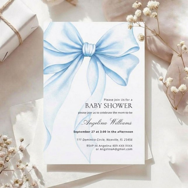 Elegant Baby Shower Invitation with a Blue Bow.  (Creator Uploaded)