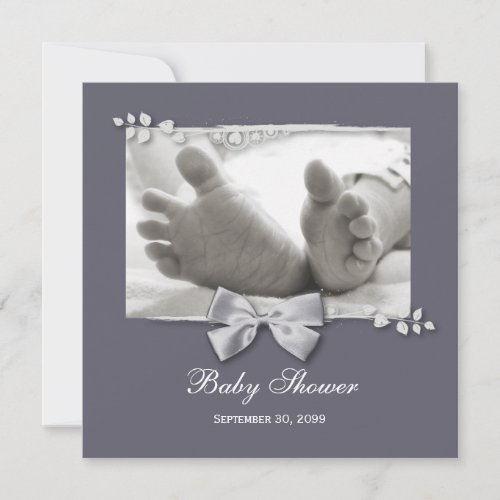 Elegant Baby Shower New Baby Feet With Silver Bow Custom Invites