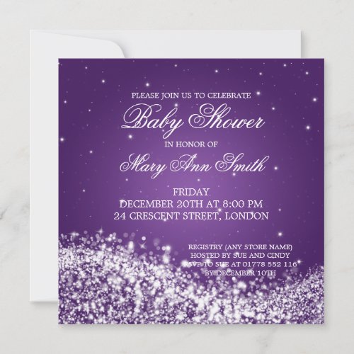 Elegant Baby Shower Sparkling Wave Purple Personalized Announcement