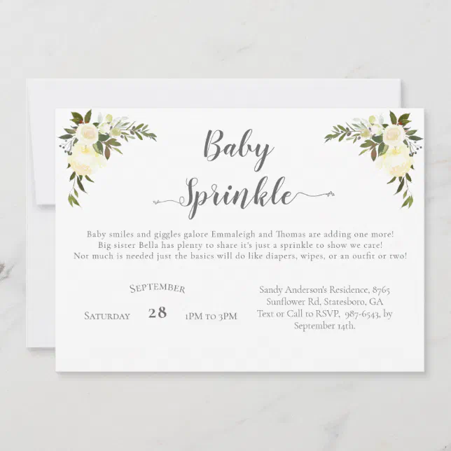 Elegant Baby Shower Sprinkle White Roses Floral | Zazzle