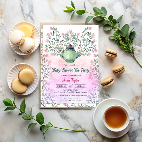 Elegant Baby Shower Tea Party Teapot Floral Invitation