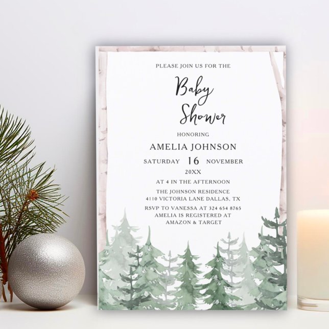 Elegant Baby Shower Watercolor Pine-Tree Winter Invitation (Creator Uploaded)