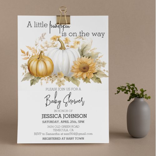Elegant Baby Shower White Gold Pumpkins Invitation
