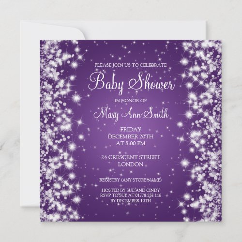 Elegant Baby Shower Winter Sparkle Purple Announcement