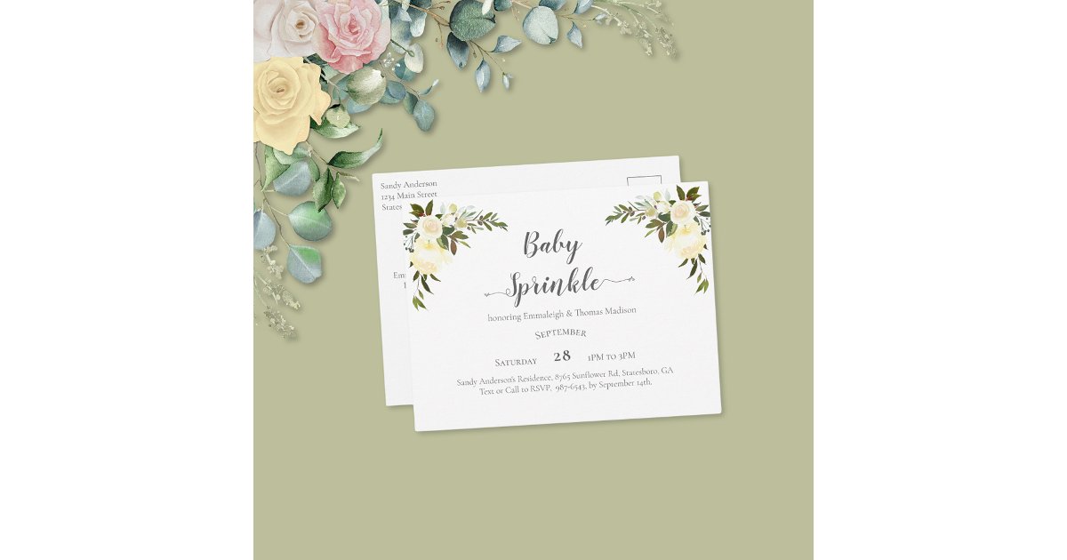 Elegant Baby Sprinkle White Roses Postcard | Zazzle