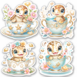 Elegant Baby Turtle in Teacup -  Floral Design Sticker