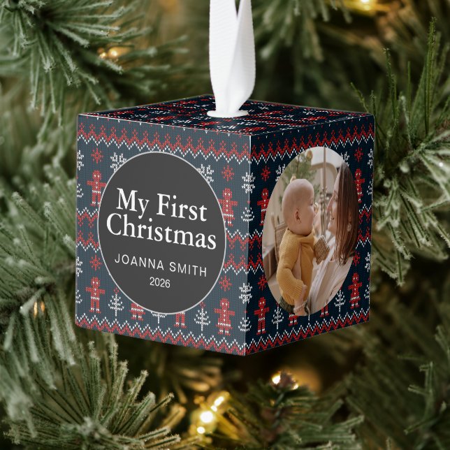 Elegant Baby's First Christmas Custom Name Photo  Cube Ornament (Tree)