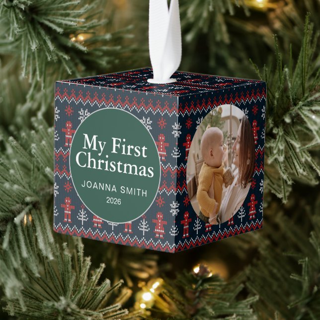 Elegant Baby's First Christmas Custom Name Photo  Cube Ornament (Tree)