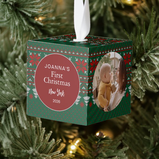 Elegant Baby's First Christmas Custom Name Photo  Cube Ornament (Tree)